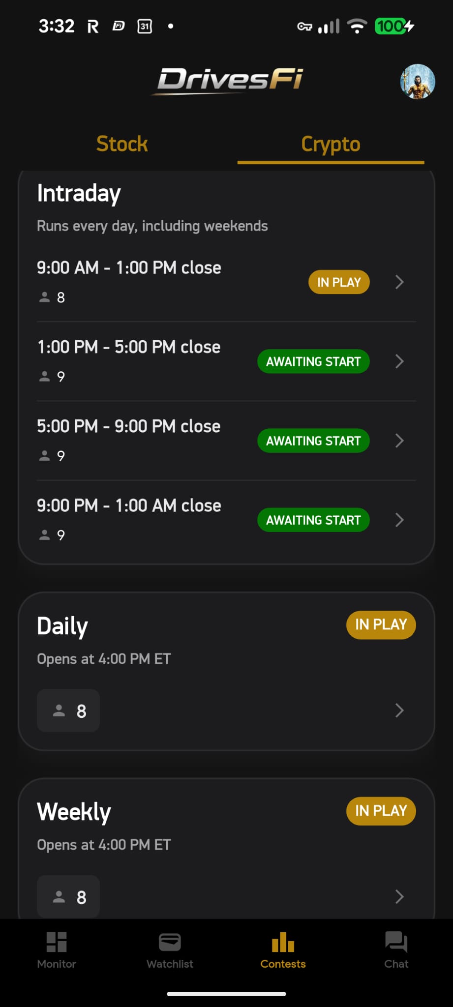 Full DrivesFi crypto contest schedule screen