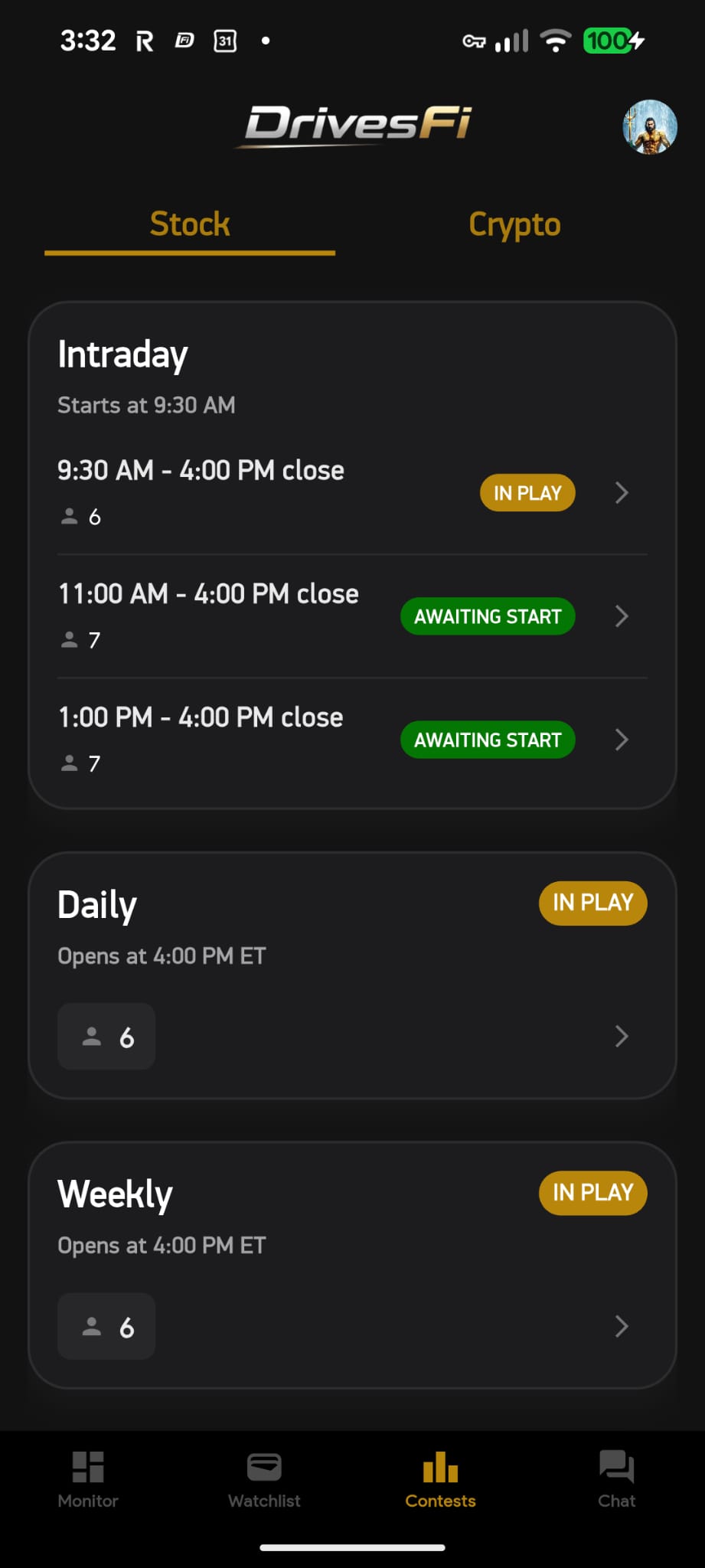 Full DrivesFi stock contest schedule screen